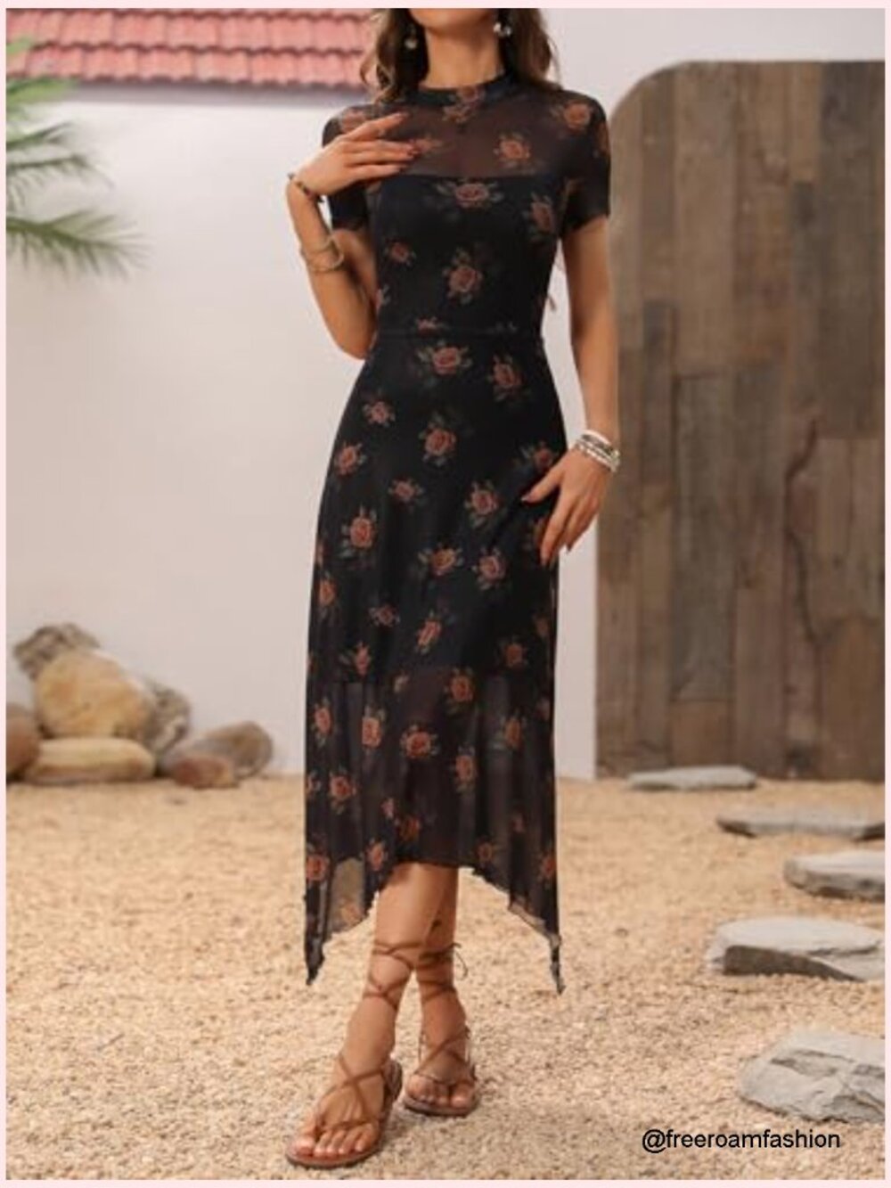 Floral Print Vintage Mesh Spliced Midi Dress with Irregular Hemline - Picture 5 of 7